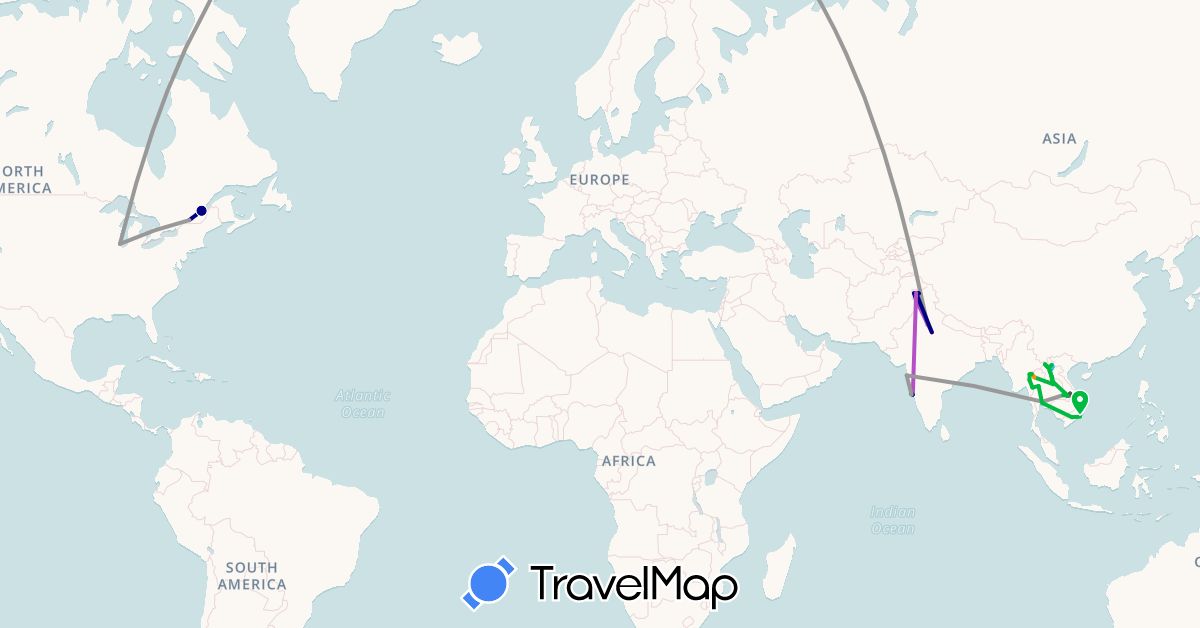 TravelMap itinerary: driving, bus, plane, train, boat, hitchhiking, motorbike in Canada, India, Laos, Thailand, United States, Vietnam (Asia, North America)